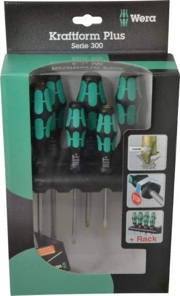Wera - 6 Piece Phillips & Slotted Screwdriver Set - Hex with Bolster Shank, Kraftform Ergonomic Handle, Bit Sizes: Philips #1 & #2, Tip Thickness: 9/64, 5/32, 7/32 & 1/4 - Industrial Tool & Supply