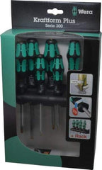 Wera - 6 Piece Pozidriv & Slotted Screwdriver Set - Hex with Bolster Shank, Kraftform Ergonomic Handle, Bit Sizes: Philips #1 & #2, Posidriv Point #1 & #2, Tip Thickness: 9/64, 5/32, 7/32 & 1/4 - Industrial Tool & Supply