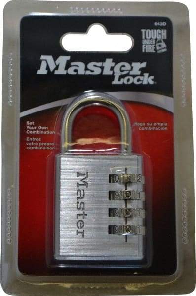 Master Lock - 1-9/16" Body Width, 7/8" Shackle Clearance, Aluminum Chrome Plated Combination Lock - 1/4" Shackle Diam, 1" Shackle Width - Industrial Tool & Supply