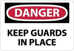 NMC - Accident Prevention Label, Header: DANGER - Legend: Danger - Keep Guards in Place, English, Red, Black & White, 5" Long x 3" High, Sign Muscle Finish - Industrial Tool & Supply