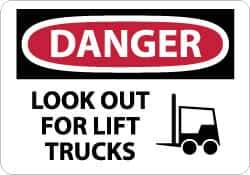 NMC - "Danger - Look Out for Lift Trucks", 10" Long x 14" Wide, Rigid Plastic Safety Sign - Rectangle, 0.05" Thick, Use for Accident Prevention - Industrial Tool & Supply