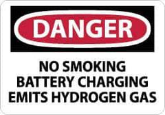 NMC - "Danger - No Smoking - Battery Charging Emits Hydrogen Gas", 10" Long x 14" Wide, Rigid Plastic Safety Sign - Rectangle, 0.05" Thick, Use for Accident Prevention - Industrial Tool & Supply