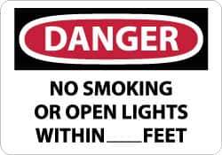 NMC - "Danger - No Smoking or Open Lights Within____feet", 10" Long x 14" Wide, Rigid Plastic Safety Sign - Rectangle, 0.05" Thick, Use for Accident Prevention - Industrial Tool & Supply
