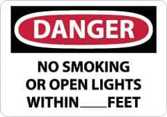 NMC - "Danger - No Smoking or Open Lights Within____feet", 10" Long x 14" Wide, Rigid Plastic Safety Sign - Rectangle, 0.05" Thick, Use for Accident Prevention - Industrial Tool & Supply