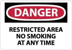 NMC - "Danger - Restricted Area - No Smoking at Any Time", 10" Long x 14" Wide, Rigid Plastic Safety Sign - Rectangle, 0.05" Thick, Use for Accident Prevention - Industrial Tool & Supply