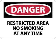 NMC - "Danger - Restricted Area - No Smoking at Any Time", 10" Long x 14" Wide, Rigid Plastic Safety Sign - Rectangle, 0.05" Thick, Use for Accident Prevention - Industrial Tool & Supply