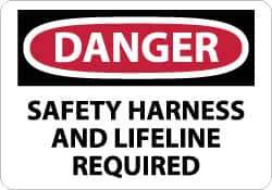 NMC - "Danger - Safety Harness and Lifeline Required", 10" Long x 14" Wide, Rigid Plastic Safety Sign - Rectangle, 0.05" Thick, Use for Accident Prevention - Industrial Tool & Supply