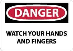NMC - Accident Prevention Label, Header: DANGER - Legend: Danger - Watch Your Hands and Fingers, English, Red, Black & White, 5" Long x 3" High, Sign Muscle Finish - Industrial Tool & Supply