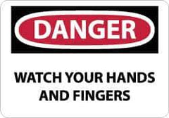 NMC - Accident Prevention Label, Header: DANGER - Legend: Danger - Watch Your Hands and Fingers, English, Red, Black & White, 5" Long x 3" High, Sign Muscle Finish - Industrial Tool & Supply