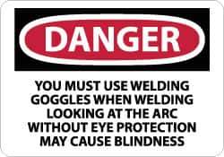NMC - "Danger - You Must Use Welding Goggles When Welding - Looking at the Arc Without Eye Protection May Cause Blindness", 10" Long x 14" Wide, Rigid Plastic Safety Sign - Rectangle, 0.05" Thick, Use for Accident Prevention - Industrial Tool & Supply