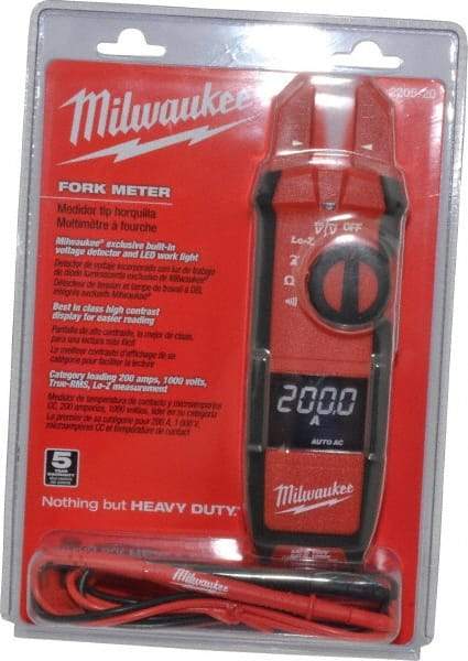 Milwaukee Tool - 2205-20, CAT IV, CAT III, Digital True RMS Clamp Meter with 0.63" Fork Jaws - 1000 VAC/VDC, 200 AC/DC Amps, Measures Voltage, Continuity, Current, Resistance - Industrial Tool & Supply