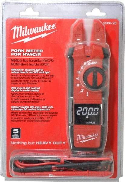 Milwaukee Tool - 2206-20, CAT IV, CAT III, Digital True RMS Clamp Meter with 0.63" Fork Jaws - 1000 VAC/VDC, 200 AC/DC Amps, Measures Voltage, Capacitance, Continuity, Current, Resistance, Temperature - Industrial Tool & Supply