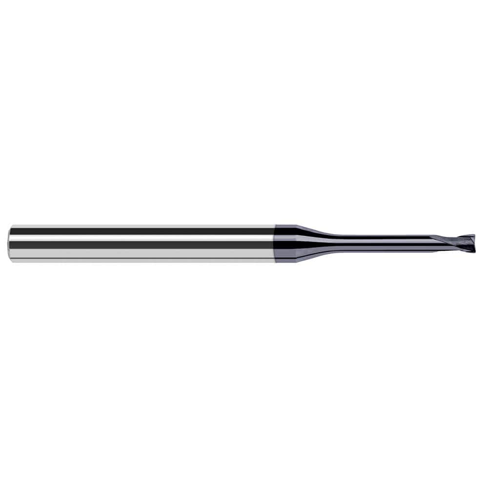 Corner Radius End Mill: 1/16″ Dia, 0.05″ LOC, 0.01″ Radius, 2 Flutes, Solid Carbide 2-1/2″ OAL, 1/4″ Shank Dia, 20 ° Helix, AlTiN Nano Coated, Corner Radius End, Centercutting