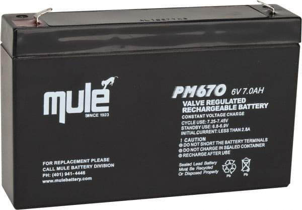 Mule - Lead-Acid, Quick-Disconnect Tab Terminal, 6 Volt, 7 Amp, Lead Rechargeable Battery - 3/16" Tab Width x 0.032" Tab Thickness, 1.34" Wide x 3.7" High x 5.95" Deep - Industrial Tool & Supply