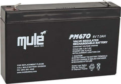 Mule - Lead-Acid, Quick-Disconnect Tab Terminal, 6 Volt, 7 Amp, Lead Rechargeable Battery - 3/16" Tab Width x 0.032" Tab Thickness, 1.34" Wide x 3.7" High x 5.95" Deep - Industrial Tool & Supply