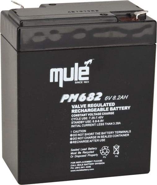 Mule - Lead-Acid, Quick-Disconnect Tab Terminal, 6 Volt, 8 Amp, Lead Rechargeable Battery - 6.35mm Tab Width x 0.8mm Tab Thickness, 2.2" Wide x 4.61" High x 3.86" Deep - Industrial Tool & Supply
