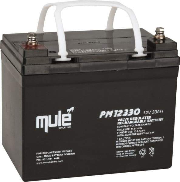 Mule - Lead-Acid, Nut/Bolt Terminal, 12 Volt, 33 Amp, Lead Rechargeable Battery - 6mm Hole Diam, 5.12" Wide x 6.61" High x 7.68" Deep - Industrial Tool & Supply