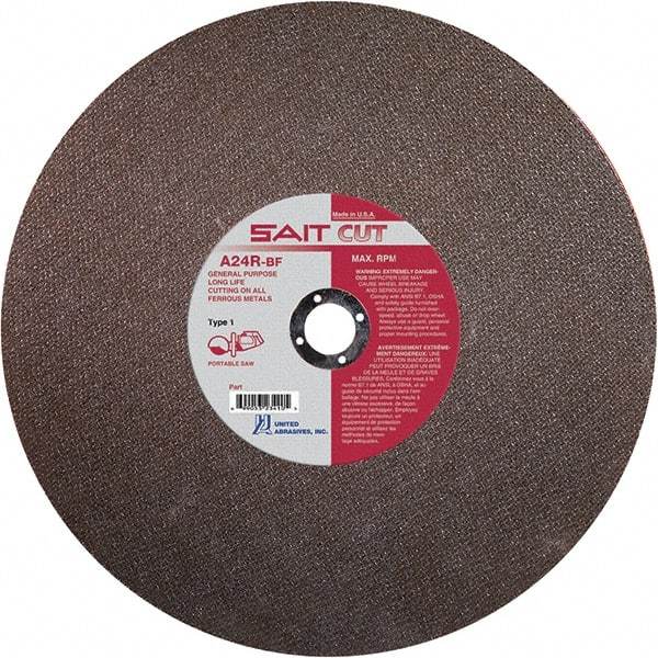 Sait - 14" 24 Grit Aluminum Oxide Cutoff Wheel - 1/8" Thick, 1" Arbor, 5,400 Max RPM, Use with Portable Tools - Industrial Tool & Supply