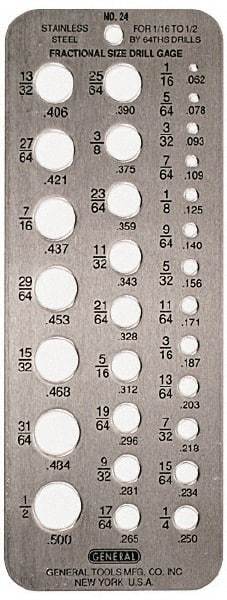 General - #60 Wire to #1 Wire Hole Size Drill Gage - 6-1/2 Inch Long, 2-1/2 Inch Wide, 60 Holes - Industrial Tool & Supply