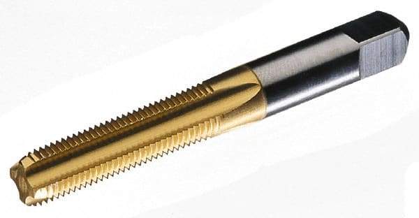 Hertel - M2.5x0.45 Metric Coarse 3 Flute TiN Finish High Speed Steel Straight Flute Standard Hand Tap - Plug, Right Hand Thread, 1-13/16" OAL, 1/2" Thread Length, D1 Limit, Oversize - Exact Industrial Supply