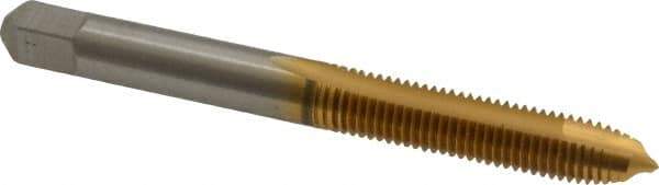 Cleveland - 1/4-28 UNF, 2 Flute, TiN Finish, High Speed Steel Spiral Point Tap - Plug Chamfer, Right Hand Thread, 63.5mm OAL, 25.4mm Thread Length, 3B Class of Fit, Series 1011TN - Exact Industrial Supply