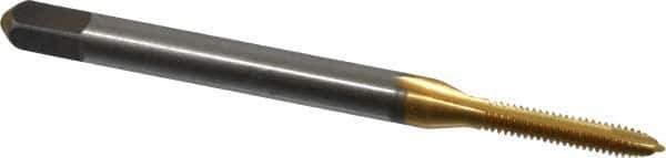 Cleveland - #2-56 UNC, 2 Flute, TiN Finish, High Speed Steel Spiral Point Tap - Plug Chamfer, Right Hand Thread, 44.45mm OAL, 0.44" Thread Length, 2B Class of Fit, Series 1011TN - Exact Industrial Supply