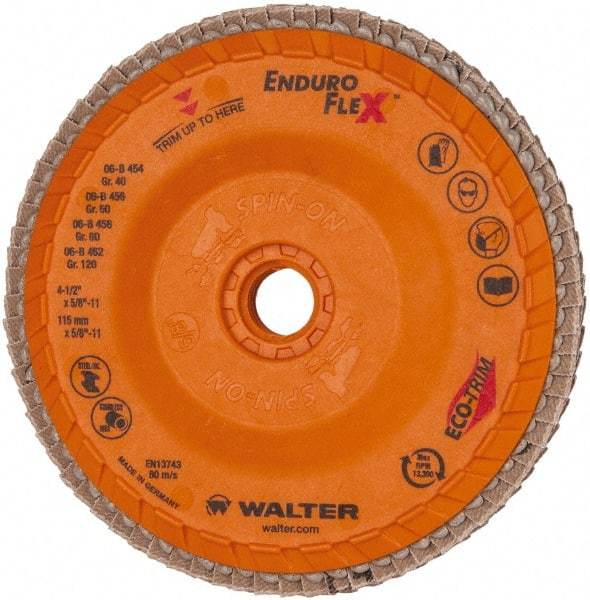 WALTER Surface Technologies - 80 Grit, 4-1/2" Disc Diam, 5/8-11 Center Hole, Flap Disc - Plastic Backing, Arbor Attaching System, Coated - Industrial Tool & Supply