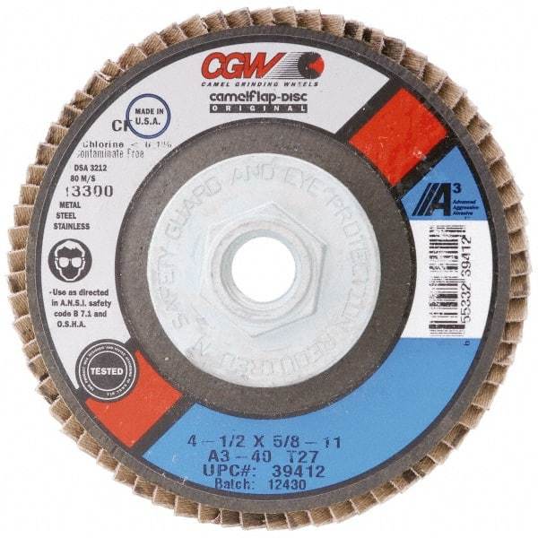 Camel Grinding Wheels - 120 Grit, 7" Disc Diam, 7/8" Center Hole, Type 29 Aluminum Oxide Flap Disc - 8,600 Max RPM, Polyester Backing, Arbor Attaching System, Coated - Industrial Tool & Supply