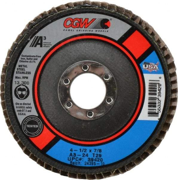 Camel Grinding Wheels - 24 Grit, 4-1/2" Disc Diam, 7/8" Center Hole, Type 29 Aluminum Oxide Flap Disc - 13,300 Max RPM, Polyester Backing, Arbor Attaching System, Coated - Industrial Tool & Supply