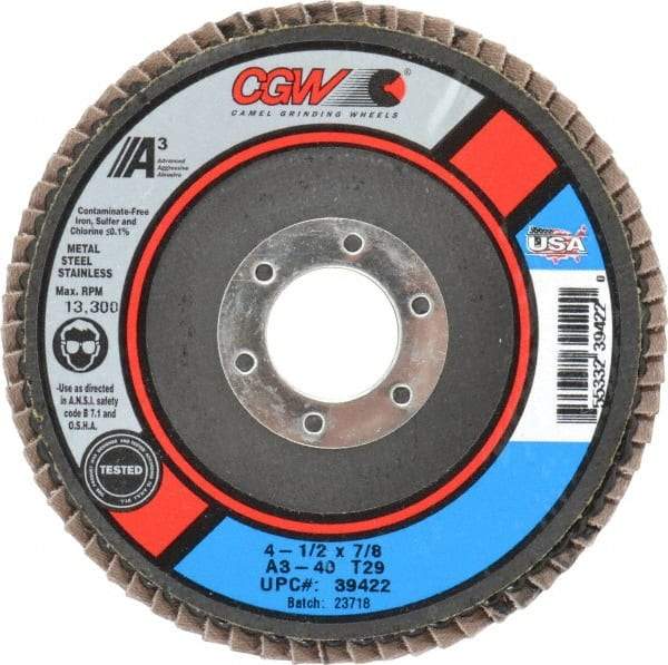Camel Grinding Wheels - 40 Grit, 4-1/2" Disc Diam, 7/8" Center Hole, Type 29 Aluminum Oxide Flap Disc - 13,300 Max RPM, Polyester Backing, Arbor Attaching System, Coated - Industrial Tool & Supply