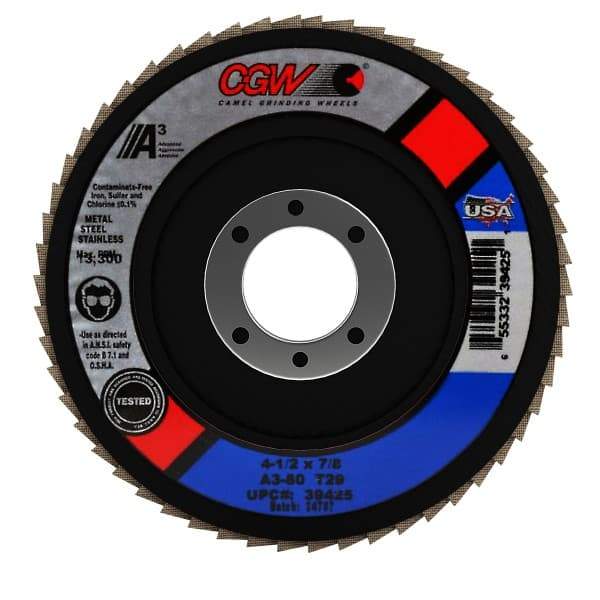 Camel Grinding Wheels - 80 Grit, 4-1/2" Disc Diam, 7/8" Center Hole, Type 29 Aluminum Oxide Flap Disc - 13,300 Max RPM, Polyester Backing, Arbor Attaching System, Coated - Industrial Tool & Supply