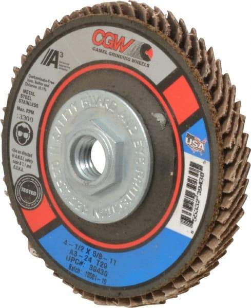 Camel Grinding Wheels - 24 Grit, 4-1/2" Disc Diam, 5/8-11 Center Hole, Type 29 Aluminum Oxide Flap Disc - 13,300 Max RPM, Polyester Backing, Arbor Attaching System, Coated - Industrial Tool & Supply