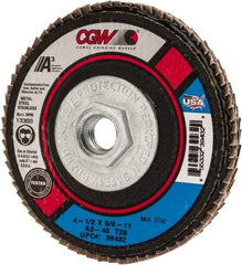 Camel Grinding Wheels - 40 Grit, 4-1/2" Disc Diam, 5/8-11 Center Hole, Type 29 Aluminum Oxide Flap Disc - 13,300 Max RPM, Polyester Backing, Arbor Attaching System, Coated - Industrial Tool & Supply