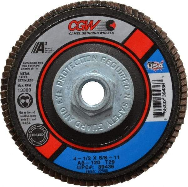 Camel Grinding Wheels - 120 Grit, 4-1/2" Disc Diam, 5/8-11 Center Hole, Type 29 Aluminum Oxide Flap Disc - 13,300 Max RPM, Polyester Backing, Arbor Attaching System, Coated - Industrial Tool & Supply
