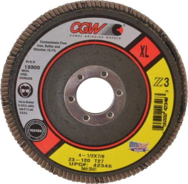 Camel Grinding Wheels - 120 Grit, 4-1/2" Disc Diam, 7/8" Center Hole, Type 27 Zirconia Alumina Flap Disc - 13,300 Max RPM, Poly Cotton Backing, Arbor Attaching System, Coated - Industrial Tool & Supply