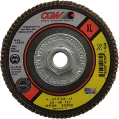 Camel Grinding Wheels - 40 Grit, 4-1/2" Disc Diam, 5/8-11 Center Hole, Type 27 Zirconia Alumina Flap Disc - 13,300 Max RPM, Poly Cotton Backing, Arbor Attaching System, Coated - Industrial Tool & Supply