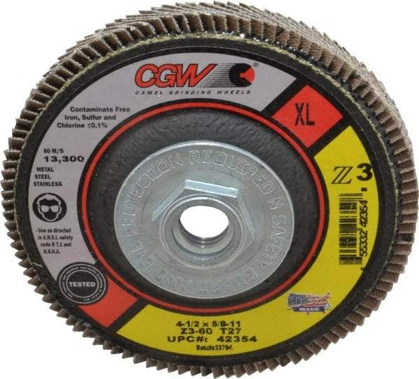 Camel Grinding Wheels - 60 Grit, 4-1/2" Disc Diam, 5/8-11 Center Hole, Type 27 Zirconia Alumina Flap Disc - 13,300 Max RPM, Poly Cotton Backing, Arbor Attaching System, Coated - Industrial Tool & Supply