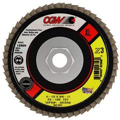Camel Grinding Wheels - 120 Grit, 4-1/2" Disc Diam, 5/8-11 Center Hole, Type 27 Zirconia Alumina Flap Disc - 13,300 Max RPM, Poly Cotton Backing, Arbor Attaching System, Coated - Industrial Tool & Supply