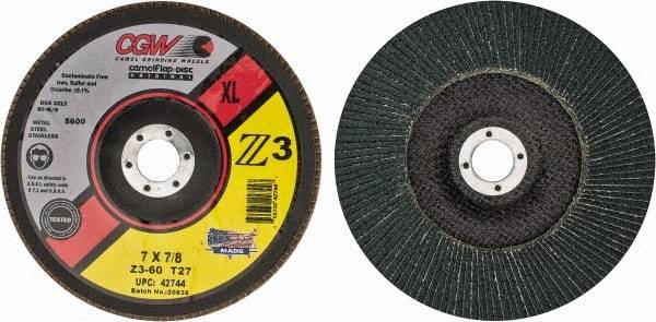 Camel Grinding Wheels - 60 Grit, 7" Disc Diam, 7/8" Center Hole, Type 27 Zirconia Alumina Flap Disc - 8,600 Max RPM, Poly Cotton Backing, Arbor Attaching System, Coated - Industrial Tool & Supply