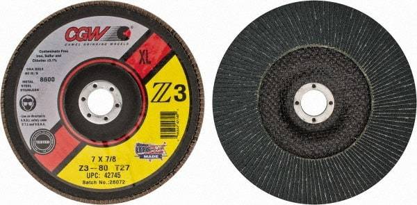Camel Grinding Wheels - 80 Grit, 7" Disc Diam, 7/8" Center Hole, Type 27 Zirconia Alumina Flap Disc - 8,600 Max RPM, Poly Cotton Backing, Arbor Attaching System, Coated - Industrial Tool & Supply