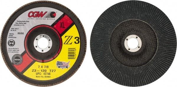 Camel Grinding Wheels - 120 Grit, 7" Disc Diam, 7/8" Center Hole, Type 27 Zirconia Alumina Flap Disc - 8,600 Max RPM, Poly Cotton Backing, Arbor Attaching System, Coated - Industrial Tool & Supply