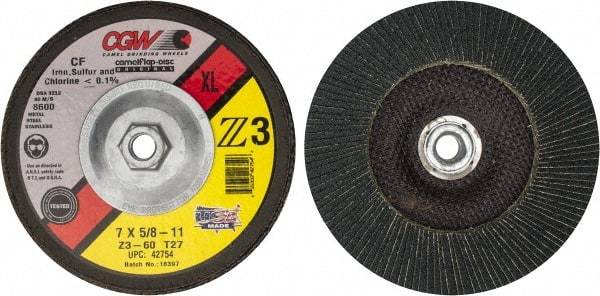 Camel Grinding Wheels - 60 Grit, 7" Disc Diam, 5/8-11 Center Hole, Type 27 Zirconia Alumina Flap Disc - 8,600 Max RPM, Poly Cotton Backing, Arbor Attaching System, Coated - Industrial Tool & Supply
