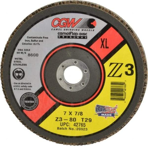Camel Grinding Wheels - 80 Grit, 7" Disc Diam, 5/8-11 Center Hole, Type 29 Zirconia Alumina Flap Disc - 8,600 Max RPM, Poly Cotton Backing, Arbor Attaching System, Coated - Industrial Tool & Supply
