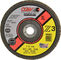 Camel Grinding Wheels - 80 Grit, 7" Disc Diam, 5/8-11 Center Hole, Type 29 Zirconia Alumina Flap Disc - 8,600 Max RPM, Poly Cotton Backing, Arbor Attaching System, Coated - Industrial Tool & Supply