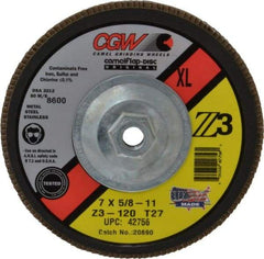 Camel Grinding Wheels - 120 Grit, 7" Disc Diam, 5/8-11 Center Hole, Type 27 Zirconia Alumina Flap Disc - 8,600 Max RPM, Poly Cotton Backing, Arbor Attaching System, Coated - Industrial Tool & Supply