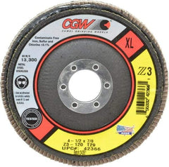 Camel Grinding Wheels - 120 Grit, 4-1/2" Disc Diam, 7/8" Center Hole, Type 29 Zirconia Alumina Flap Disc - 13,300 Max RPM, Poly Cotton Backing, Arbor Attaching System, Coated - Industrial Tool & Supply