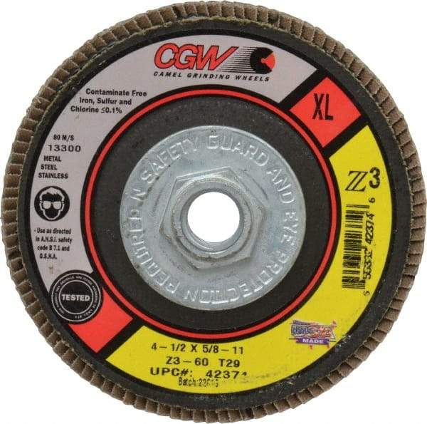 Camel Grinding Wheels - 60 Grit, 4-1/2" Disc Diam, 5/8-11 Center Hole, Type 29 Zirconia Alumina Flap Disc - 13,300 Max RPM, Poly Cotton Backing, Arbor Attaching System, Coated - Industrial Tool & Supply