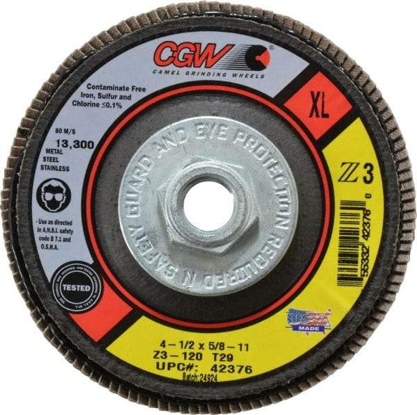 Camel Grinding Wheels - 120 Grit, 4-1/2" Disc Diam, 5/8-11 Center Hole, Type 29 Zirconia Alumina Flap Disc - 13,300 Max RPM, Poly Cotton Backing, Arbor Attaching System, Coated - Industrial Tool & Supply