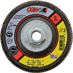 Camel Grinding Wheels - 120 Grit, 4-1/2" Disc Diam, 5/8-11 Center Hole, Type 29 Zirconia Alumina Flap Disc - 13,300 Max RPM, Poly Cotton Backing, Arbor Attaching System, Coated - Industrial Tool & Supply