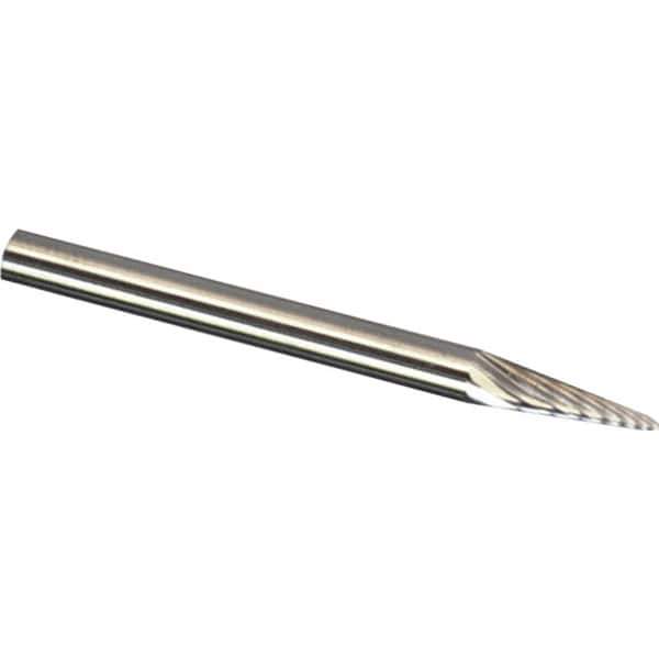 Made in USA - 3mm Cut Diam, 0.1181" Shank Diam, Cone Head Double Cut Burr - Carbide, 11mm LOC, 38mm OAL - Industrial Tool & Supply